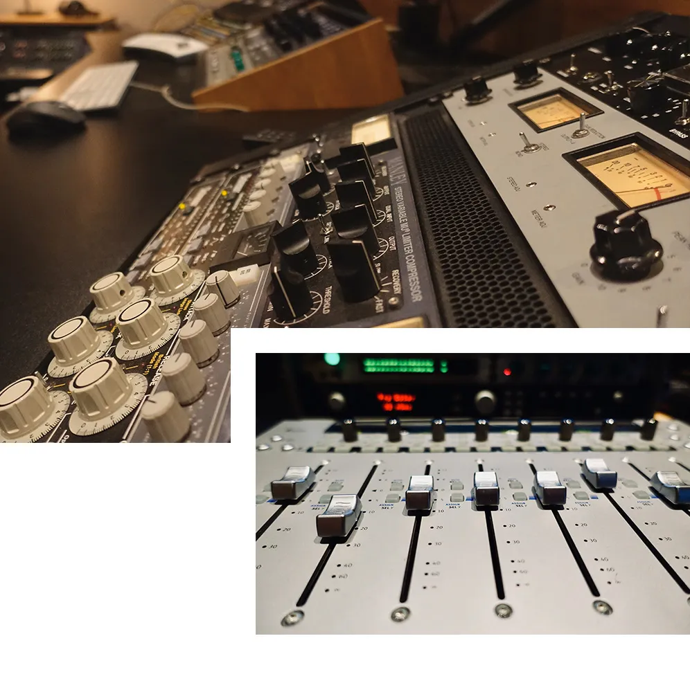Préamplis et faders de la régie de mixage